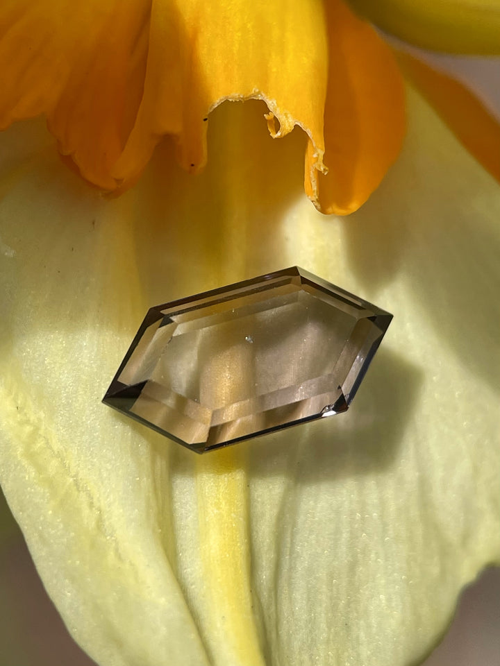 Close-up of a 1.77-carat hexagonal step cut spinel in purplish pink, resting on a yellow flower petal.