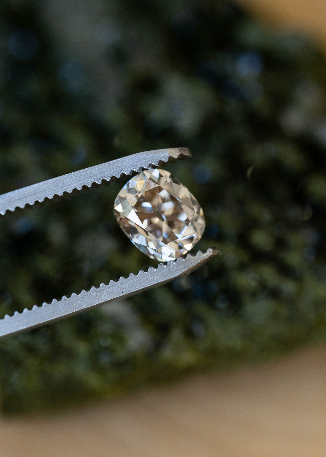 Natural champagne cushion cut diamond held between silver tweezers against a dark green background, with warm beige and golden tones broken by crisp white facet reflections.