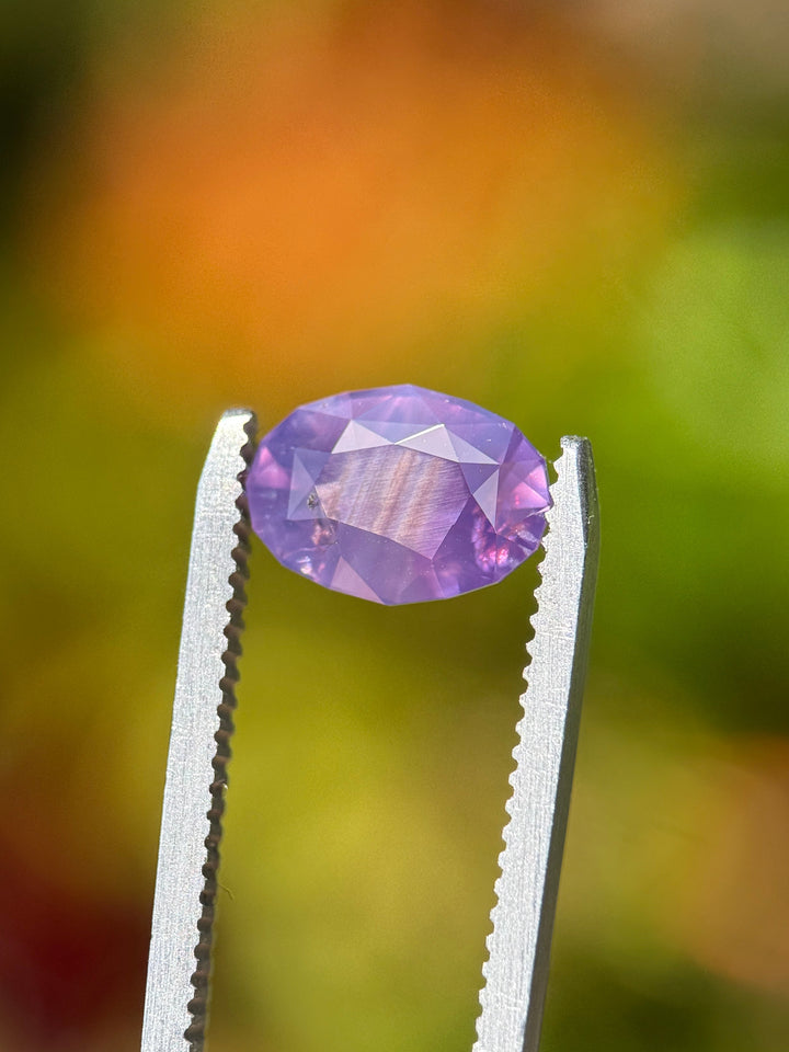 Natural unheated purplish pink sapphire held in tweezers, highlighting brilliant oval symmetry and soft lavender-pink glow.
