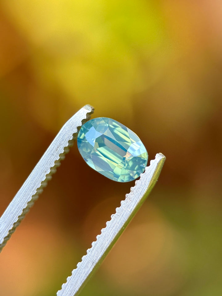 Natural unheated teal blue green sapphire held in tweezers, highlighting elongated oval proportions and subtle opalescent glow.