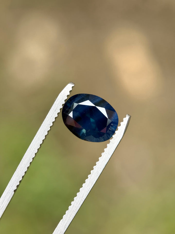 Oval brilliant cut sapphire with peacock hues held in gem tweezers, capturing its silken luster and deep blue saturation.