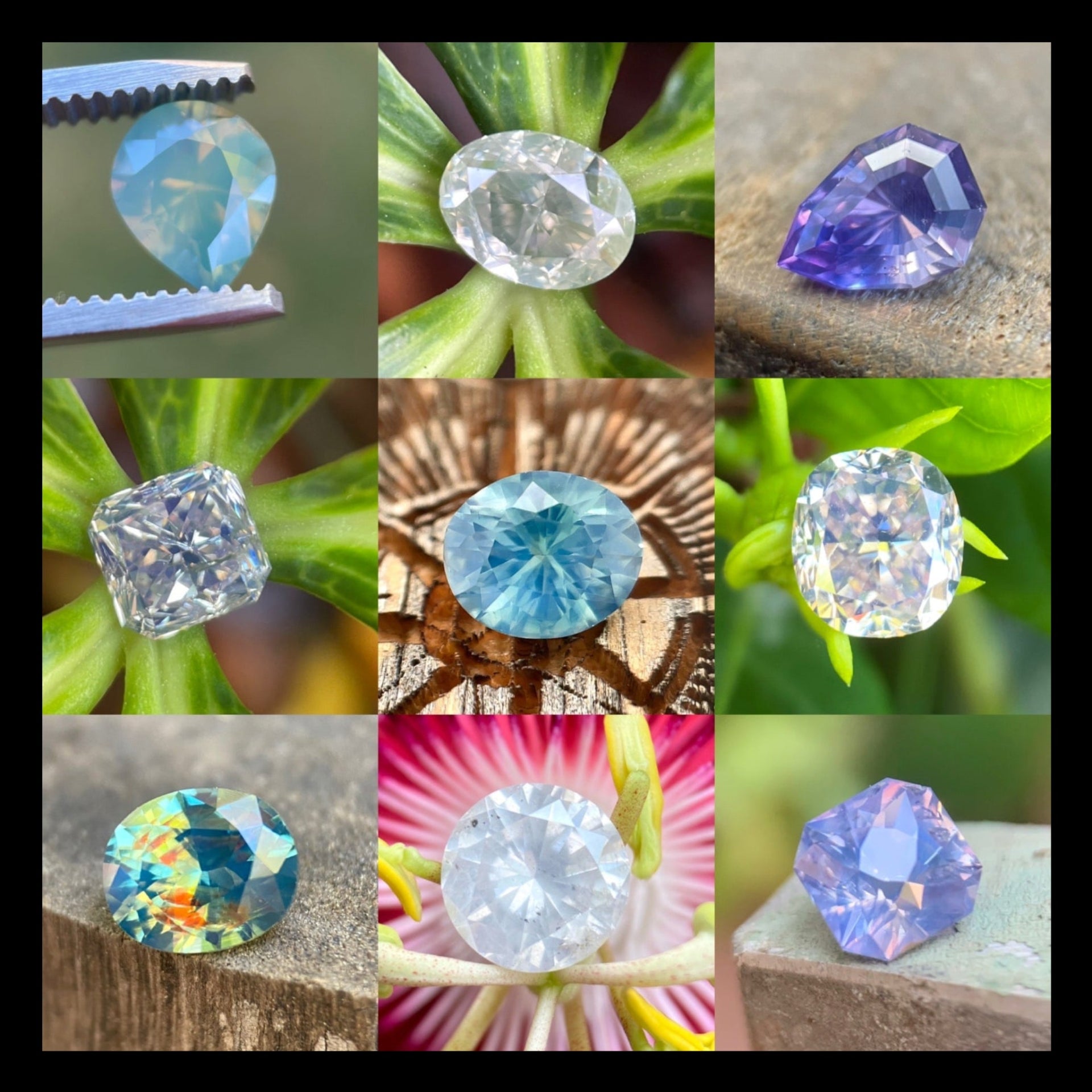 Collage of opalescent loose sapphires in pastel blue, lavender, white, teal, and rainbow tones for custom jewelry and designer sourcing.