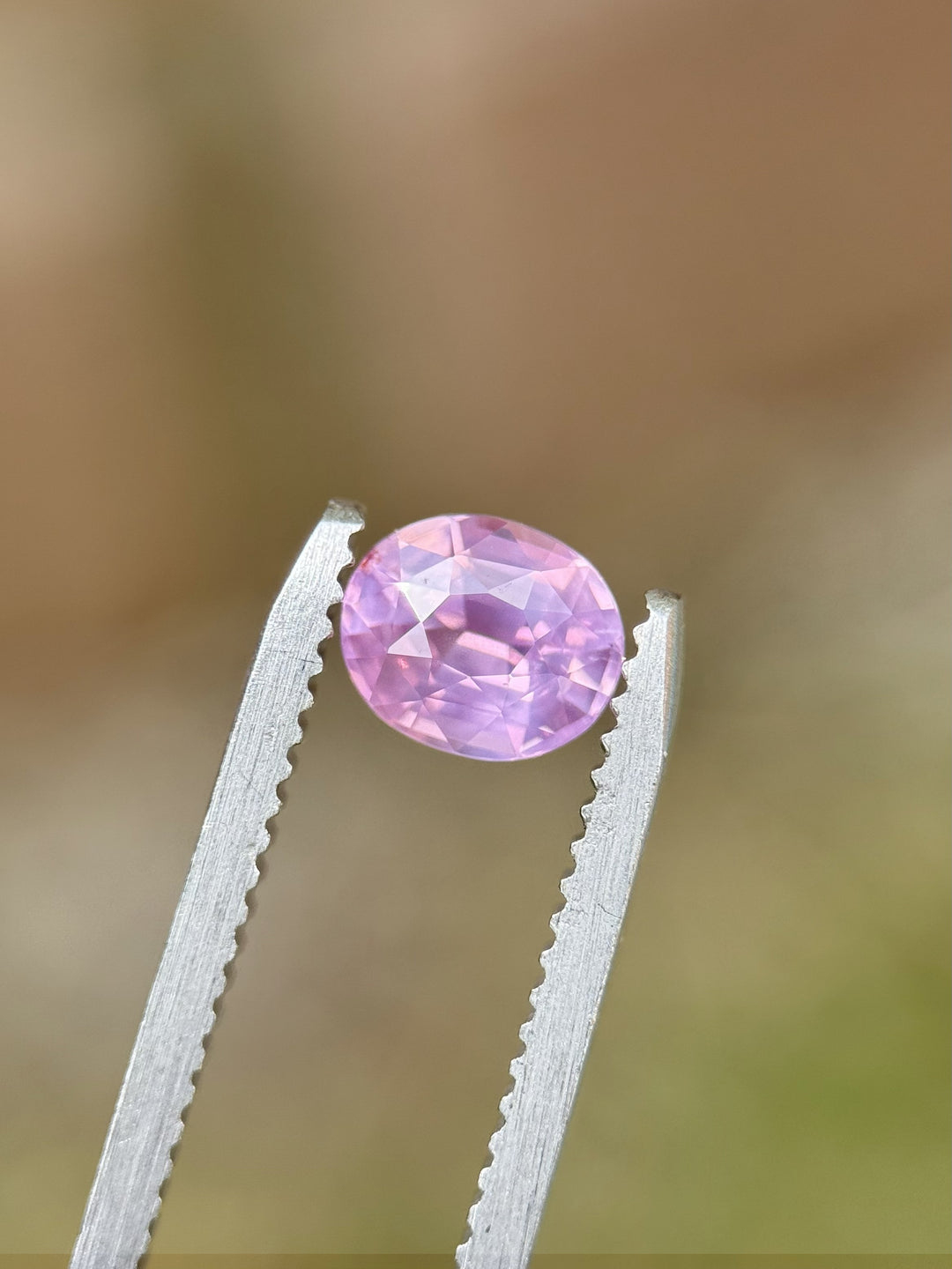 Close-up of 1.21CT pink sapphire in tweezers showing opalescent glow and oval faceting – ethically sourced from Sri Lanka