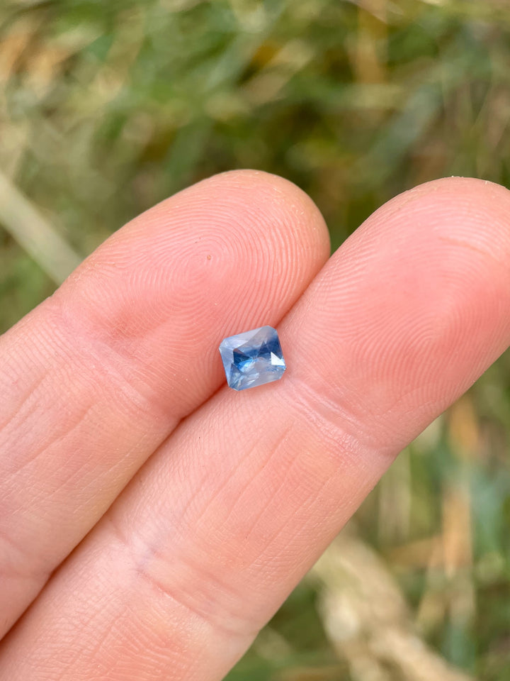 A 1.03-carat Parti Blue and White Sapphire with a Mixed Radiant Cut, held against a natural grass background, showcasing its vibrant hues and precision-cut facets.