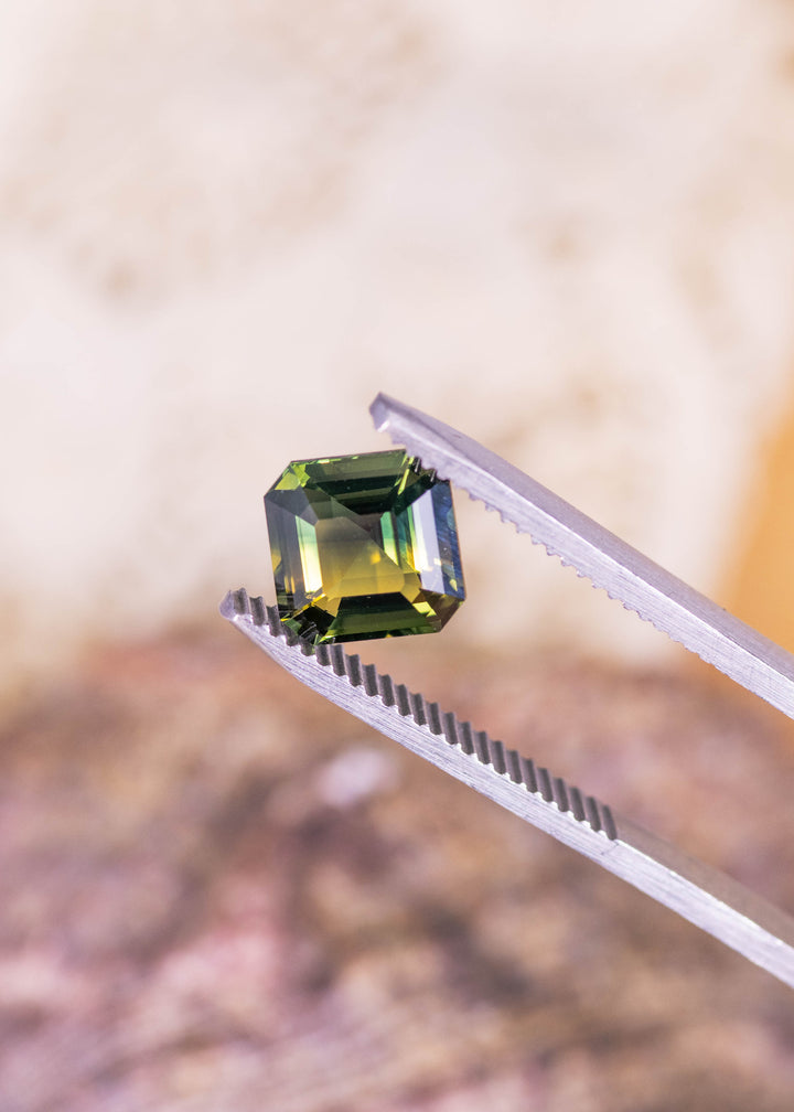 Loose Australian parti sapphire held in tweezers, showing the Asscher cut structure and the blend of green, yellow, and blue shifting across the step-cut facets.