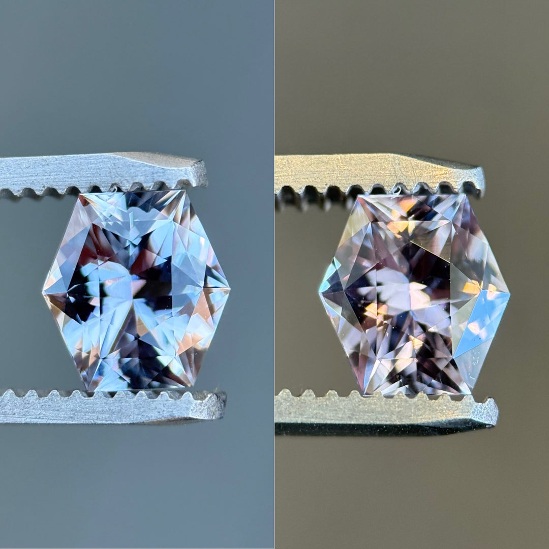 Side-by-side view of hexagonal precision-cut sapphire showing color shift from purple mauve to silvery grey
