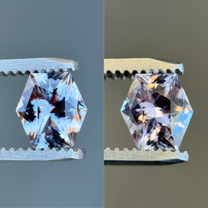 Side-by-side view of hexagonal precision-cut sapphire showing color shift from purple mauve to silvery grey