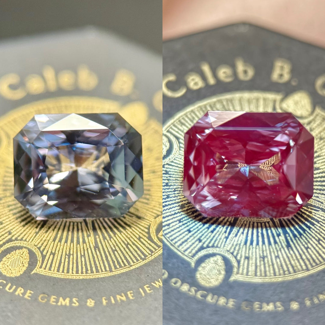 2.53 carat sapphire displaying purplish-grey color in indoor lighting, precision radiant cut, ethically sourced from Sakaraha, Madagascar. Two gemstones, one blue and one red, on a Caleb B. Obscure Gems & Fine Jewels branded background.