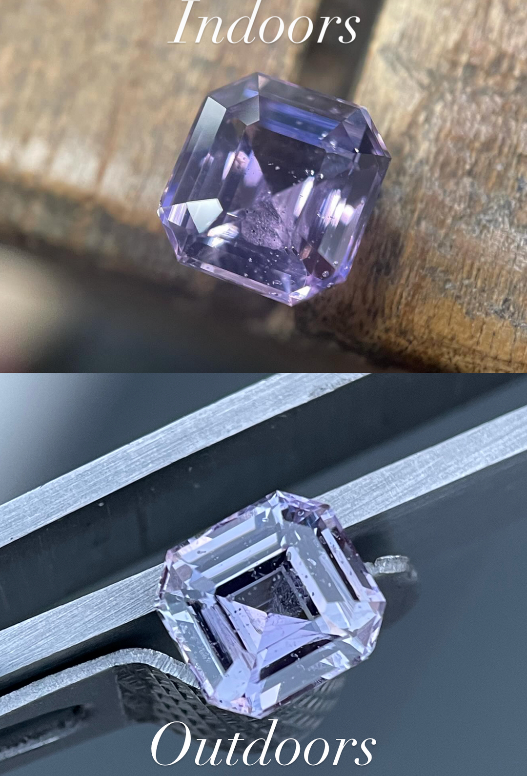 A 2.60-carat sapphire with a modified Asscher cut is shown indoors and outdoors, highlighting its color-shifting qualities from purple indoors to pink in natural light. The stone, sourced from Sri Lanka, has dimensions of 7.71mm by 7.25mm by 4.97mm and is untreated, no heat.