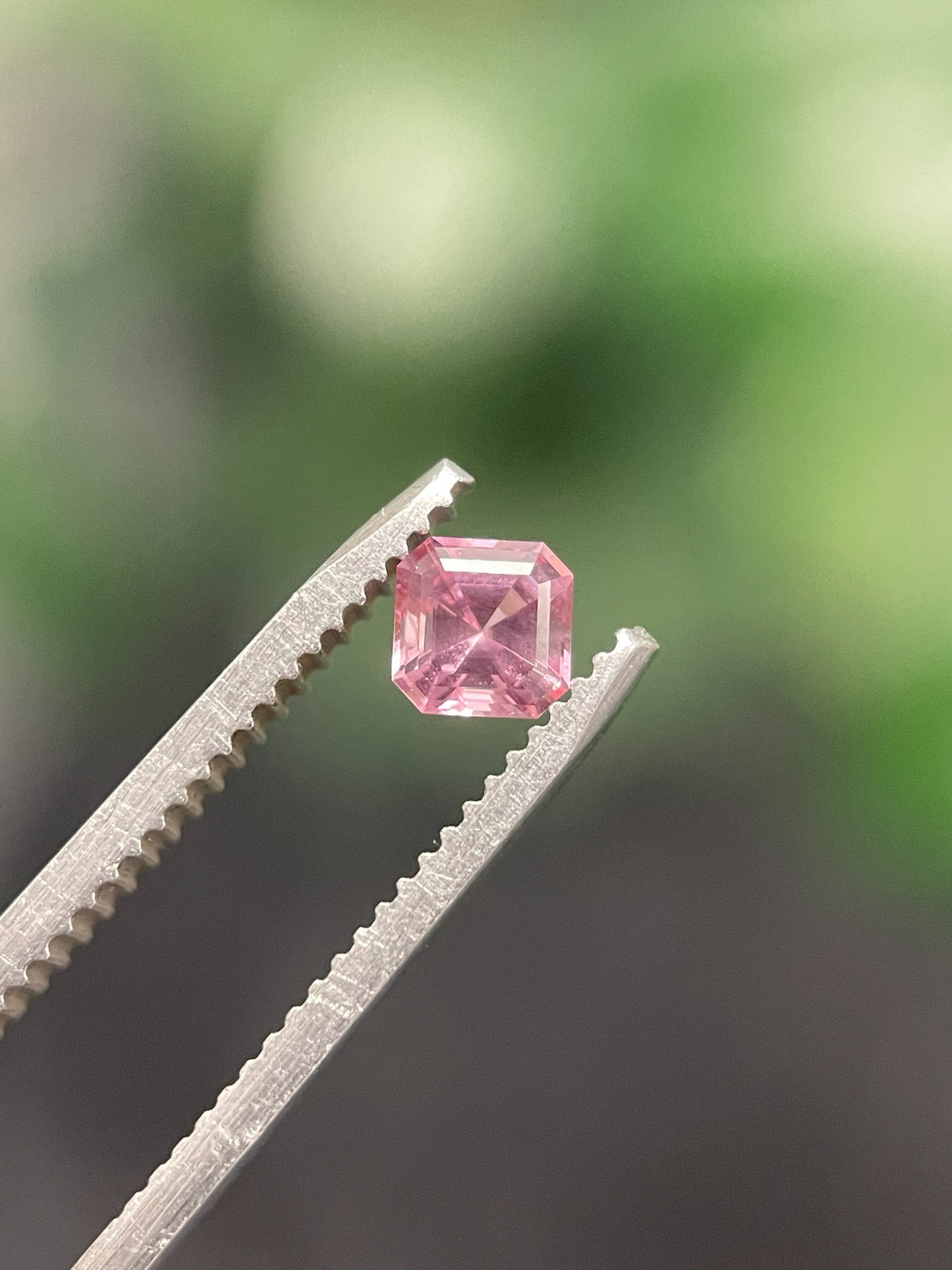 A 0.56ct Montana sapphire in an octagonal step cut, delicately held by gem tweezers against a blurred green background.