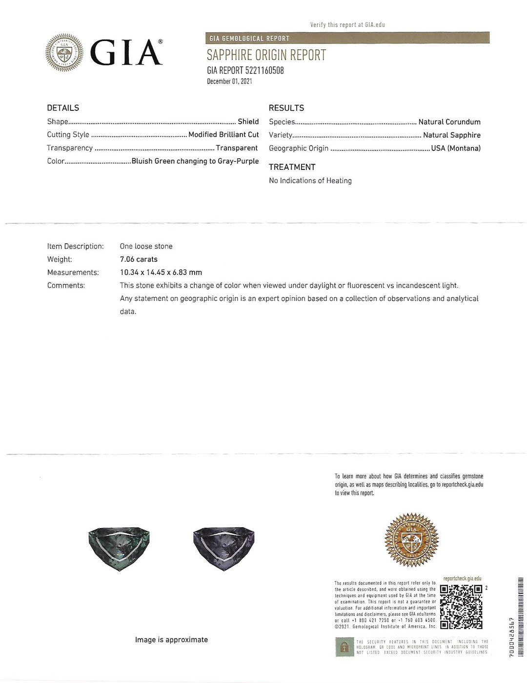 7.06CT Sapphire: Color Changing Modified Shield Brilliant Cut