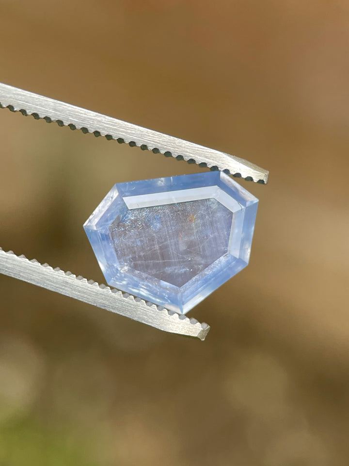 Close-up of a 3.29 carat sapphire held in tweezers, showcasing a portrait shield step cut with calming seafoam and teal blue tones.