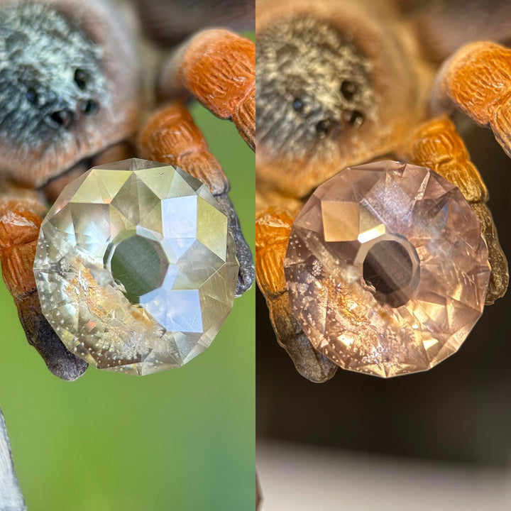 Side-by-side image of untreated 6.38 carat Umba River sapphire under daylight and incandescent light, demonstrating color shift from yellow-green to rosy mauve