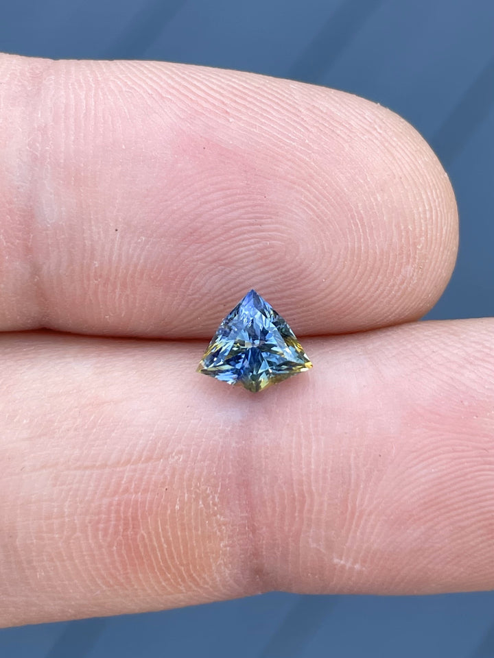 A close-up of a 1.58-carat bi-color sapphire featuring yellow and cornflower blue hues, masterfully cut into a shield shape, showcased on a fingertip.