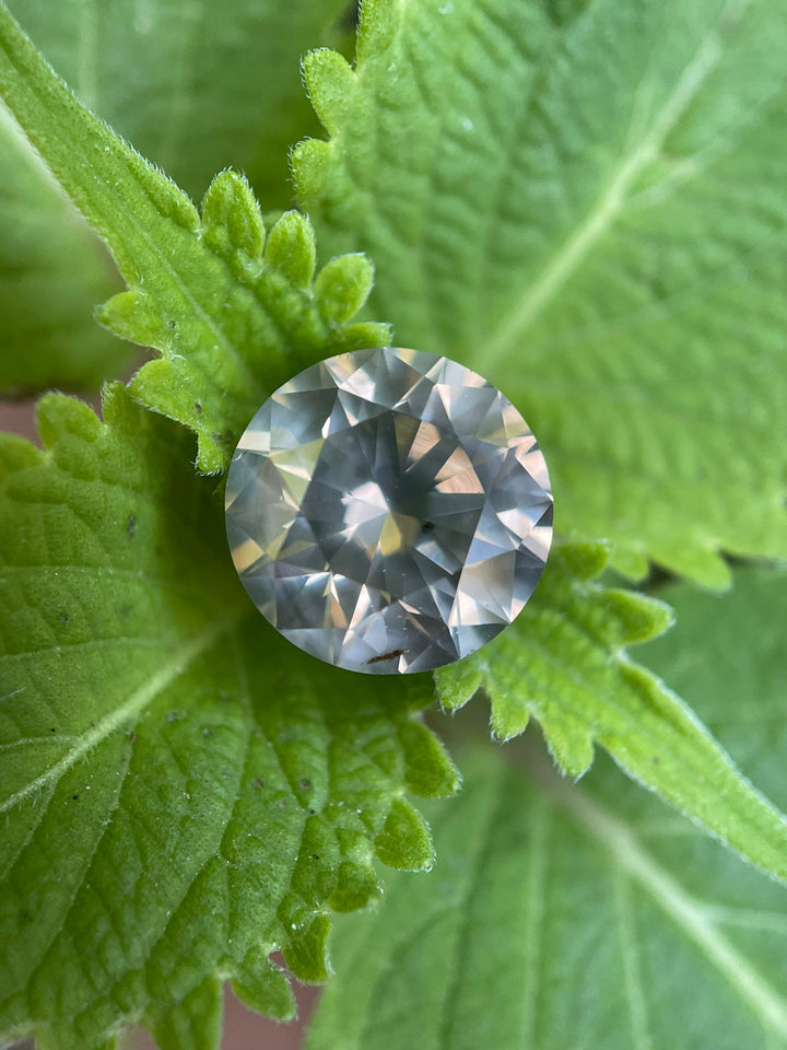 Close-up of a 2.53-carat Fancy Gray diamond with a round brilliant cut, displayed in tweezers against a blurred green background, emphasizing its clarity and brilliance.