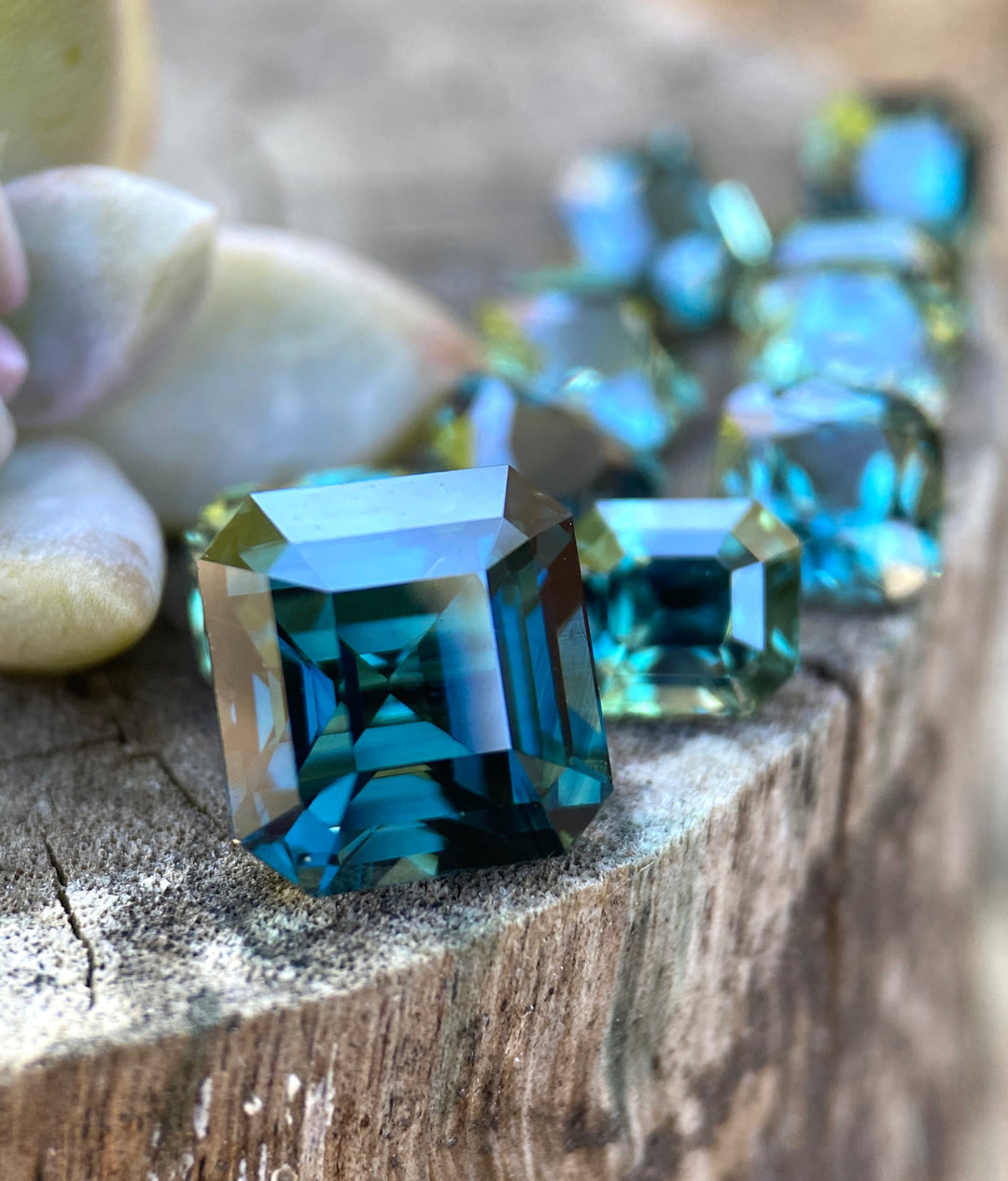 Teal blue-green step cut loose sapphires on natural wood, showcasing rich color and geometric facets for custom jewelry and designer sourcing.