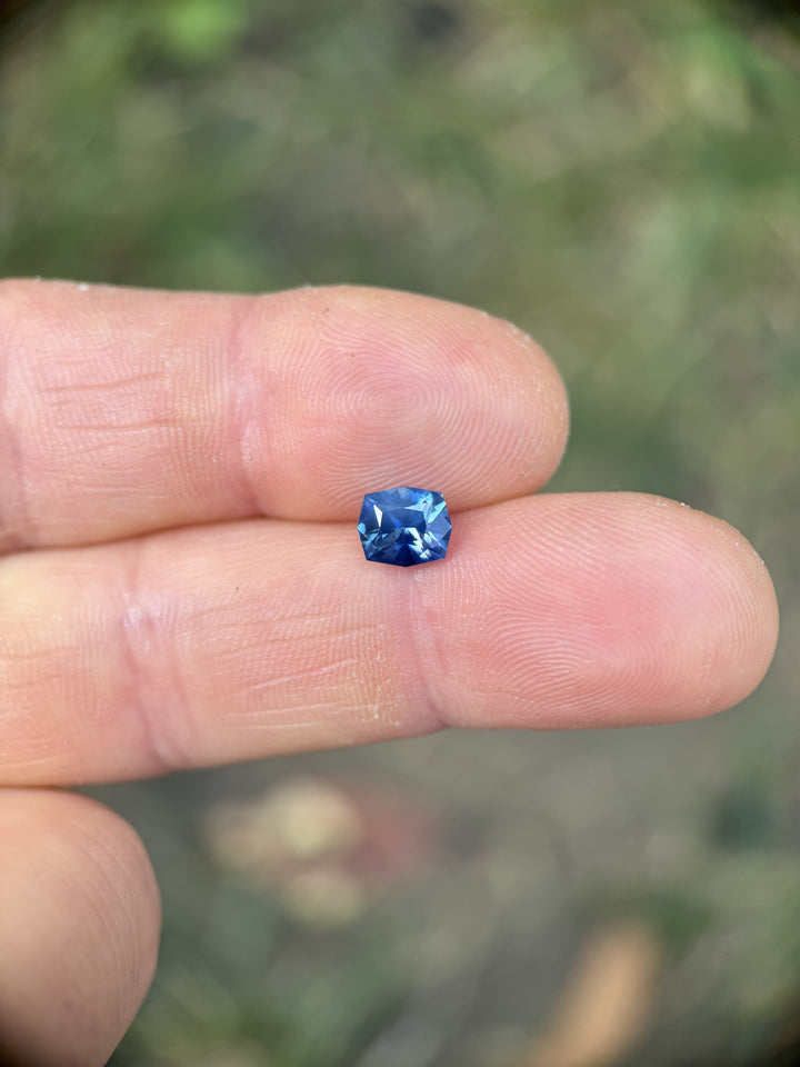 1.60-carat opalescent sky-denim and royal-blue sapphire resting on fingertip, highlighting the precision geometric cushion cut and Madagascan parti color zoning.