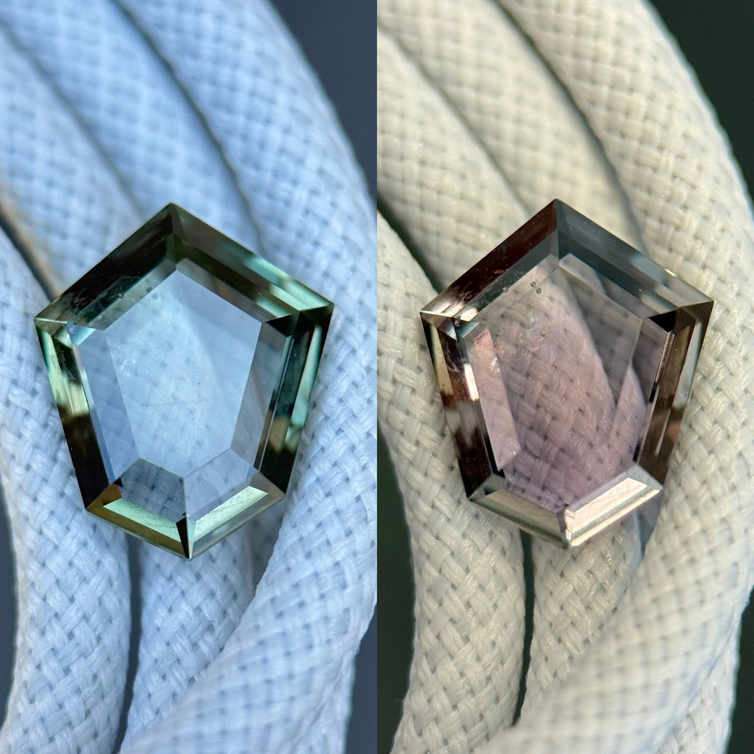 Montana color change sapphire highlighting shift from greenish blue to lavender pink, custom shield portrait cut