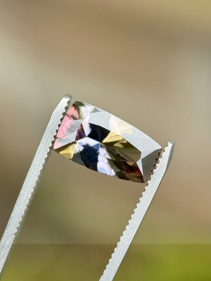 Custom cut 4.35ct Tanzanite gemstone held in tweezers outdoors, showcasing vivid blue, lavender, yellow and teal color zones