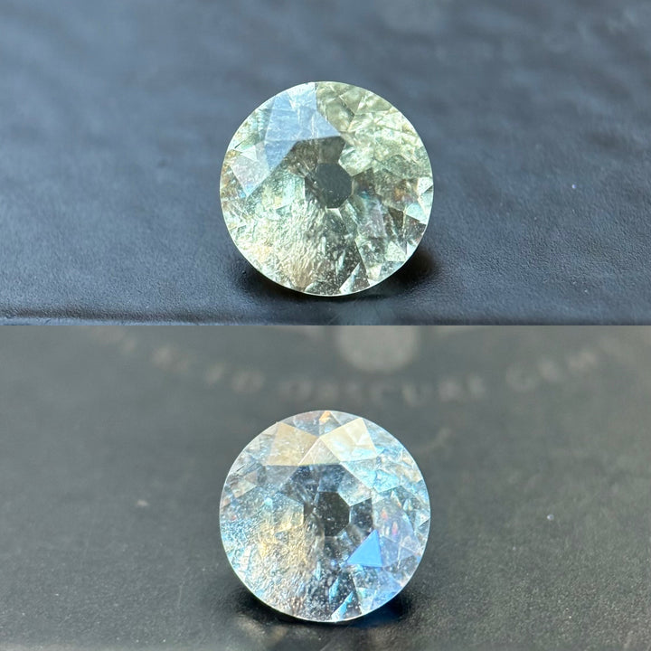 Front view of a 1.42ct old European mine cut Umba sapphire in daylight, revealing untreated teal, yellow, and green hues from Tanzania.