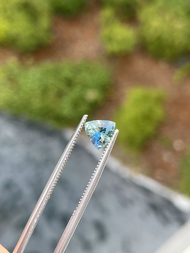 A 1.17-carat trillion brilliant mixed cut sapphire held in tweezers, showing its striking blue-green and yellow bi-color tones. This natural, untreated gem from Madagascar sparkles under natural light, emphasizing its clarity and color combination.