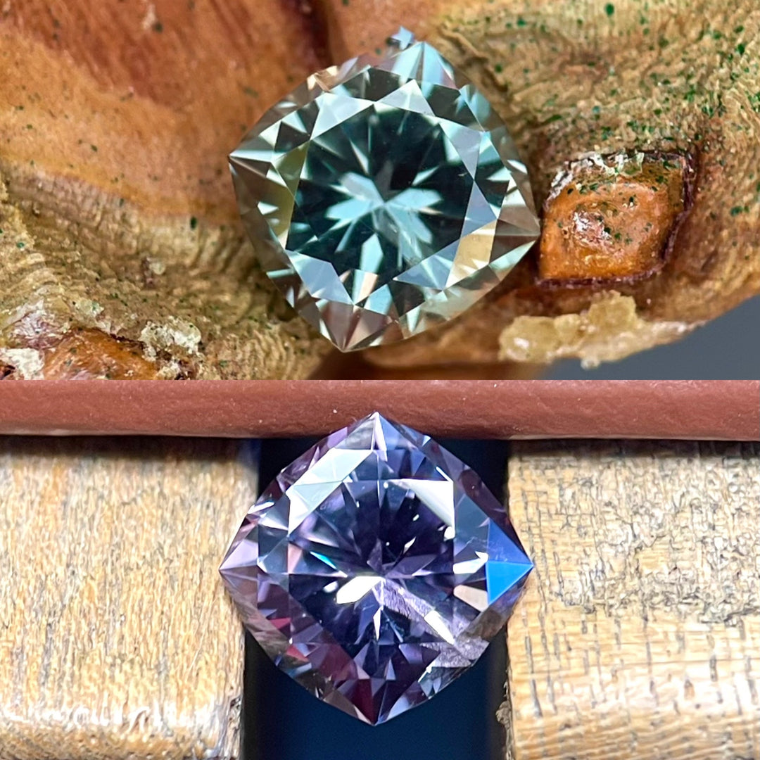 Modified cushion brilliant cut sapphire weighing 3.13 carats with a mesmerizing color change from grayish green to pinkish purple, ethically sourced from Montana, USA.