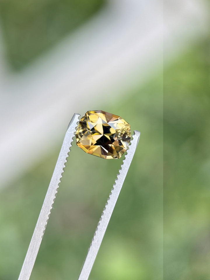 Fancy golden yellow Tanzanite in cushion cut held in tweezers – 2.60ct untreated stone from Merelani Hills, Tanzania