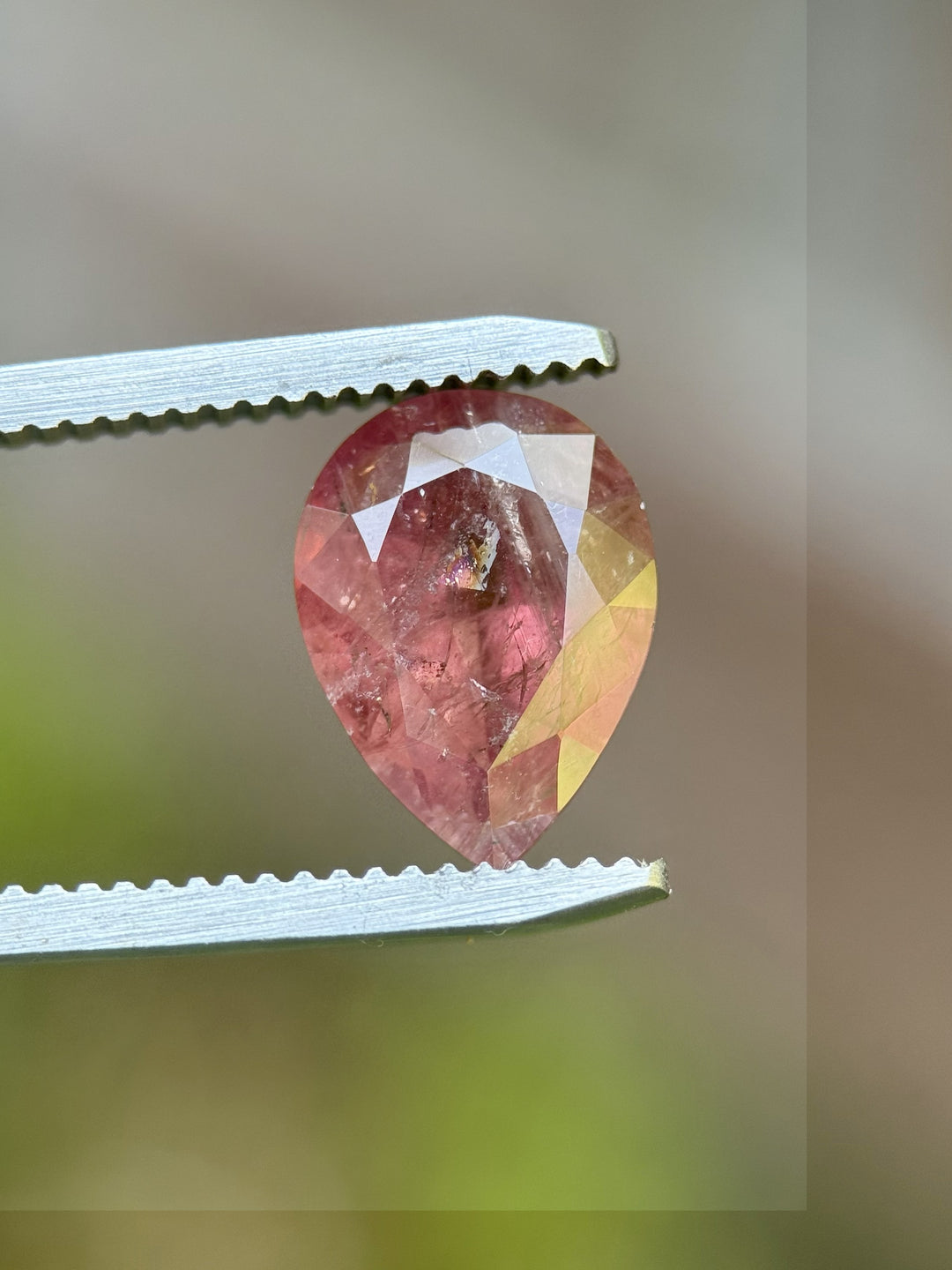 Natural untreated grapefruit-colored sapphire in modified pear cut, 3.75 carats, held by gem tweezers against a soft outdoor background
