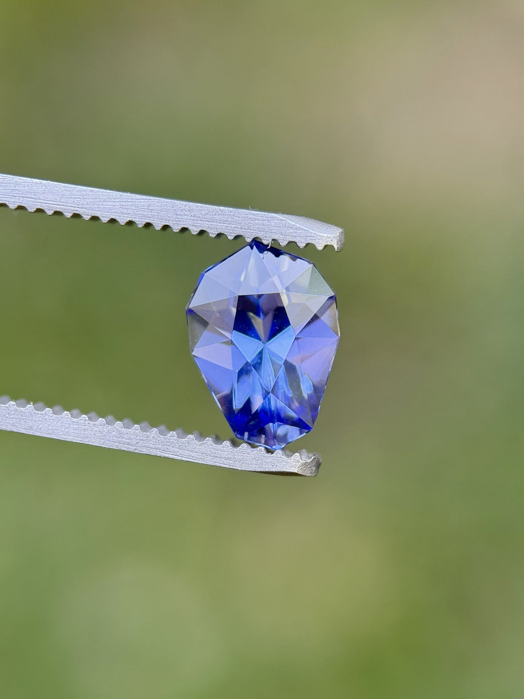 Precision-cut 2.26ct Tanzanite in custom shield shape held by tweezers against a soft green background, highlighting violet and blue hues.