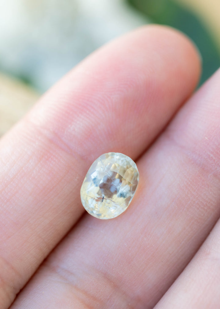 Untreated pale yellow tourmaline resting on fingertips for scale, displaying its soft lemon-champagne color, oval shape and visible natural inclusions.