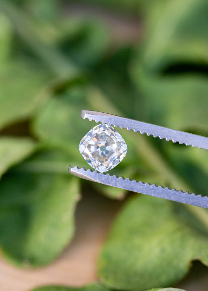 White antique-style cushion diamond held in jeweler's tweezers outdoors, highlighting its symmetrical Old Mine inspired faceting and bright natural sparkle.