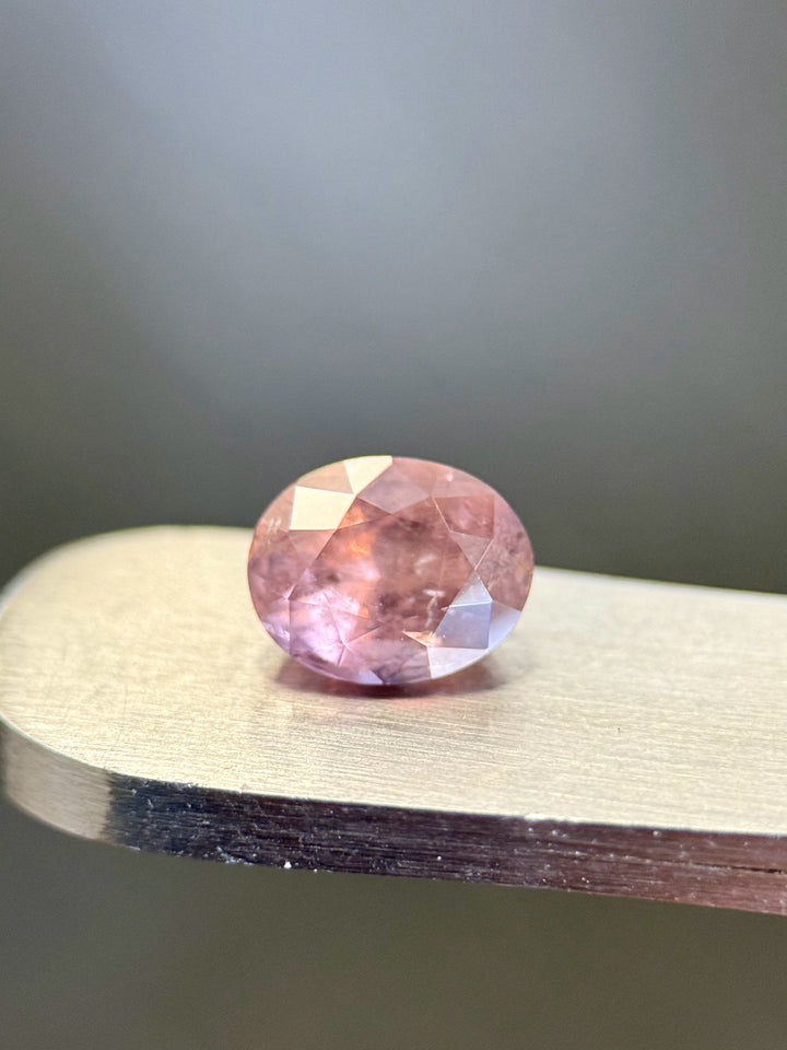 Natural light image of oval-cut Umba sapphire in tweezers, highlighting internal inclusions and color play