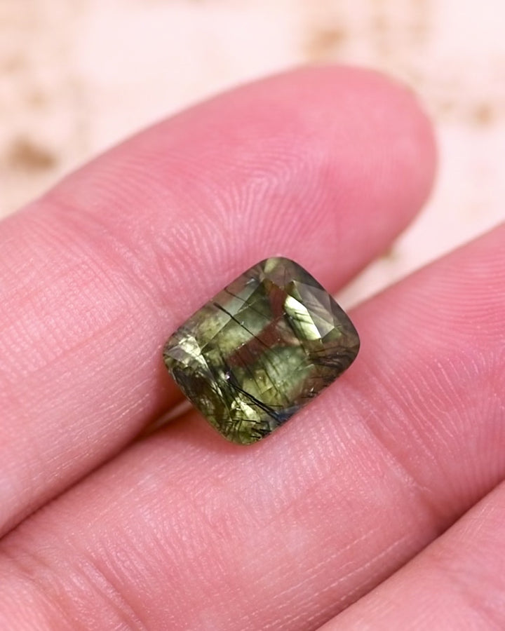 4.76CT Peridot: Green Black Cushion Mix Cut