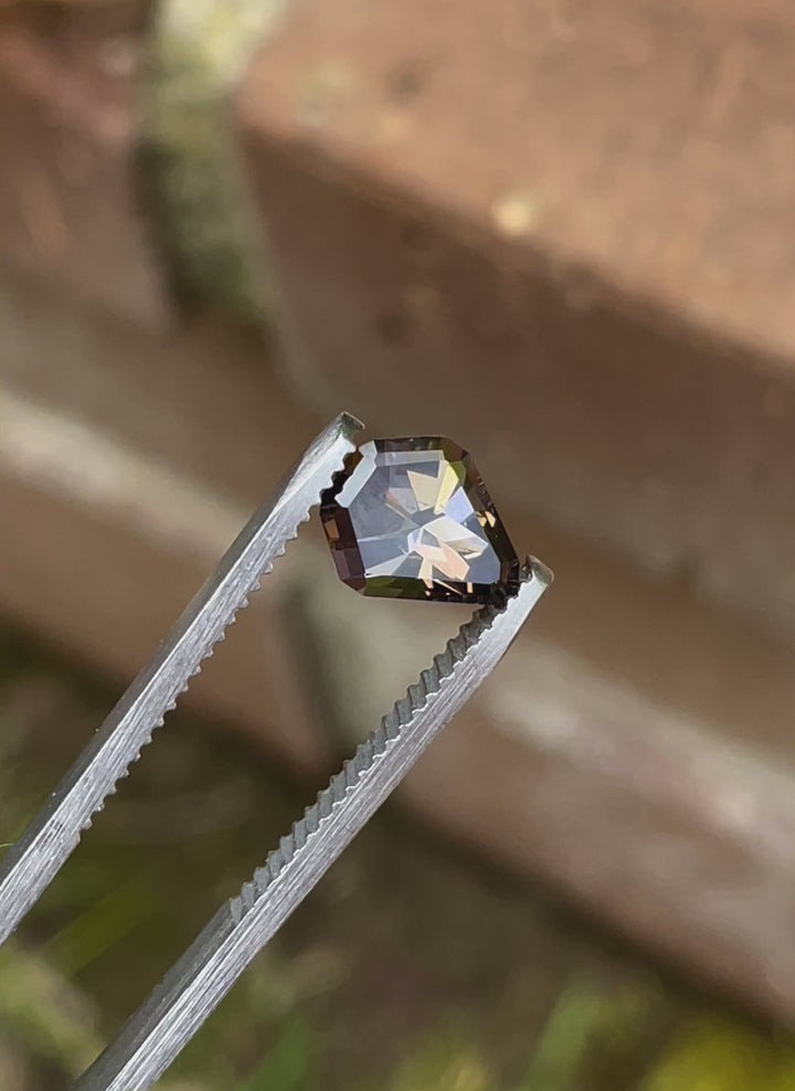 Dynamic video presentation of a 1.41 carat Tanzanite gemstone, rotating to exhibit its unique geometric mix cut shield shape and the brilliant interplay of its colors—yellow, green, red-orange, and brown. Sourced from Merelani Hills, Tanzania, the video highlights the gem's natural beauty and meticulous cut details.
