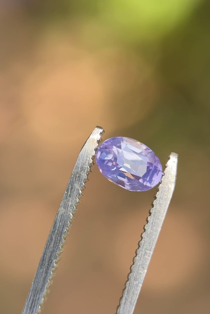 Bi-color 1.18ct sapphire with opalescent lilac and lavender flashes spinning in precision tweezers