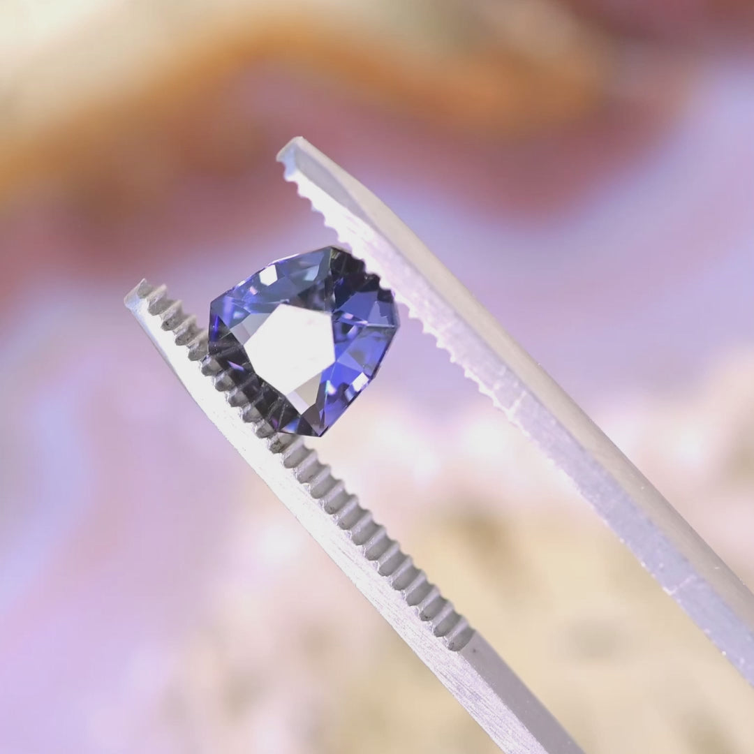 Close-up video of 1.66ct teal blue purple Tanzanite shield cut held in tweezers, custom modified brilliant gemstone from Tanzania displaying sharp facets, clarity and vibrant multicolor tones