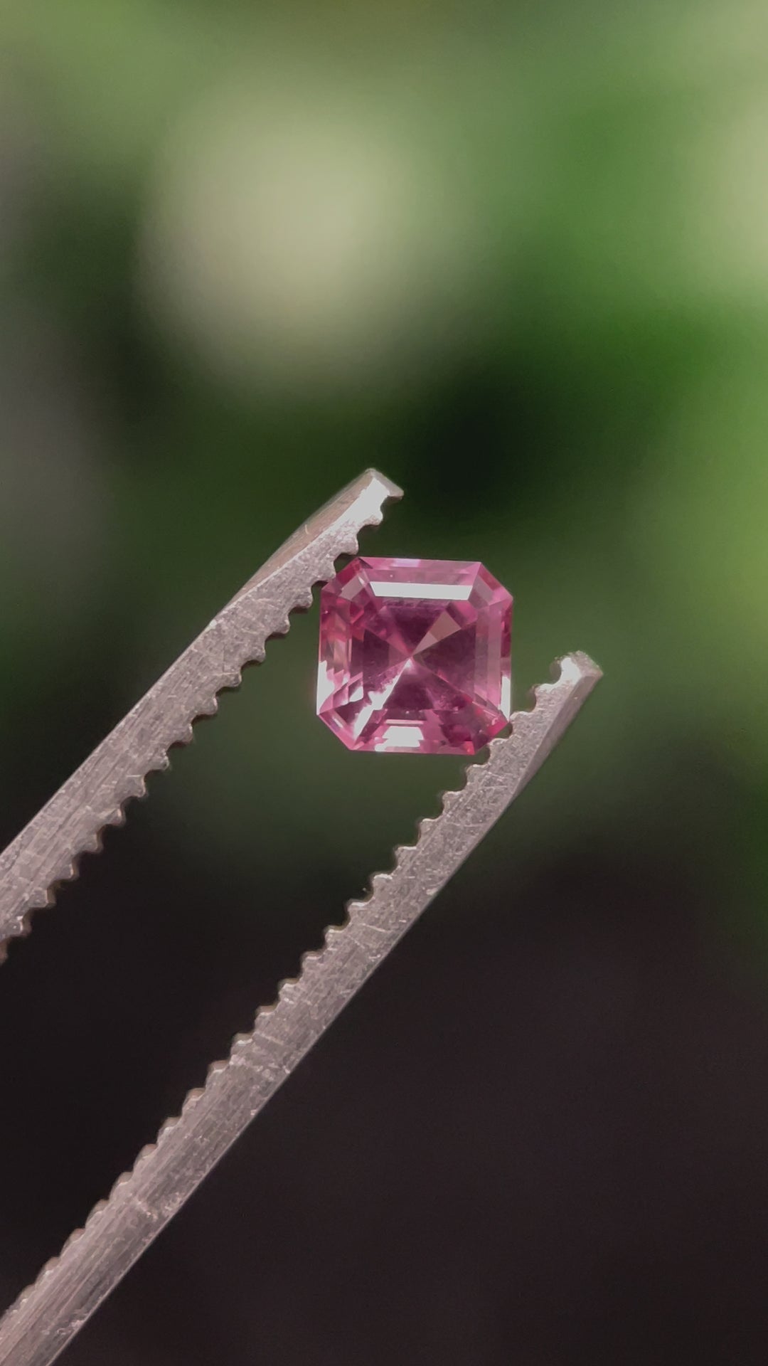 A close-up video of a 0.56-carat Montana sapphire in tweezers, capturing its octagonal step cut and exceptional clarity as it glistens in natural light.