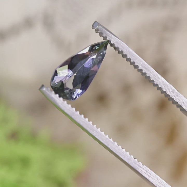 Close-up video of 1.53ct blue teal violet Tanzanite pear held in tweezers, precision cut gemstone from Tanzania displaying brilliance, clarity and elongated designer proportions