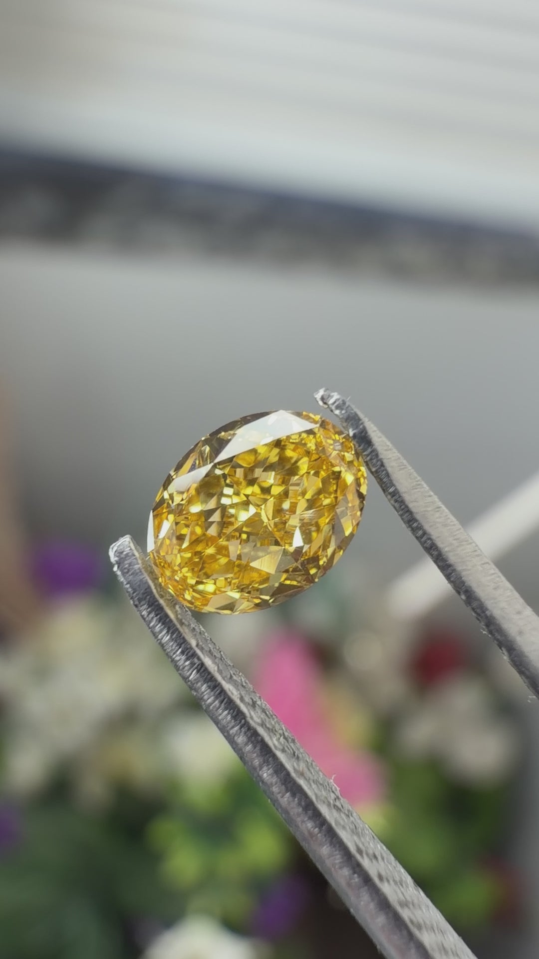 Loose natural fancy orange diamond in an oval cut held in gem tweezers under natural light.