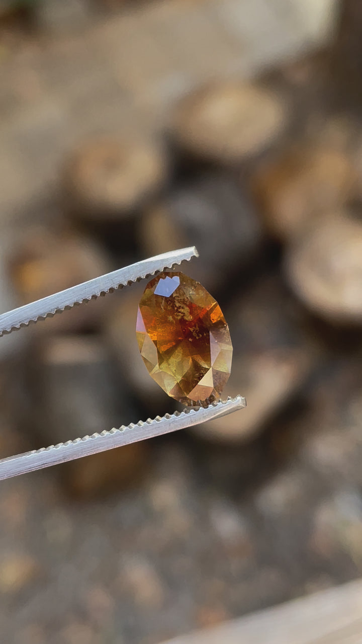 A video showcasing a custom elongated oval sapphire, 3.45 carats, with dynamic color shifts from earthy brown-green-orange to golden pumpkin hues. The gemstone's brilliance and untreated natural state are highlighted in motion.
