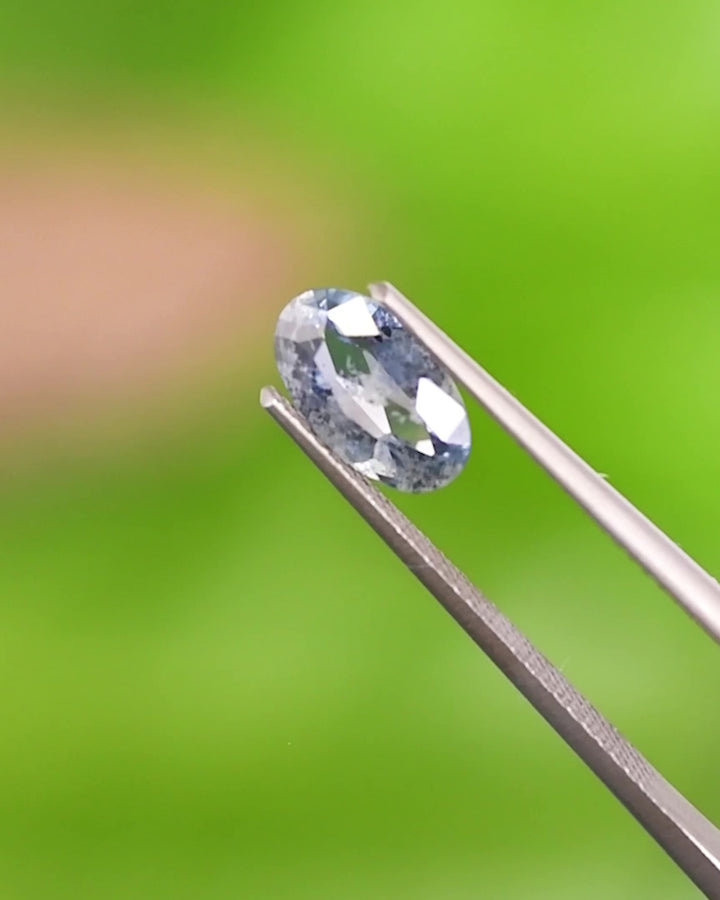 Video of lose-up of 1.24CT steely blue sapphire held in gemstone tweezers against a vivid green background, revealing elongated oval shape and untreated natural clarity from Umba River Valley, Tanzania.
