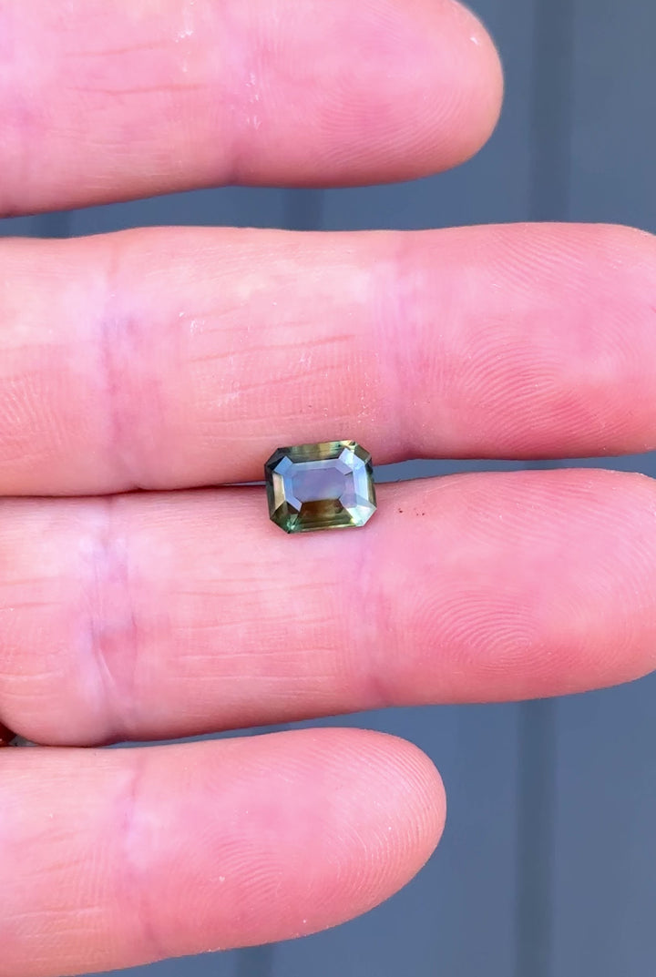Video of a 2.02-carat multicolor sapphire placed on fingers, highlighting the gem’s untreated brilliance and earthy tones from Garba Tula, Kenya.