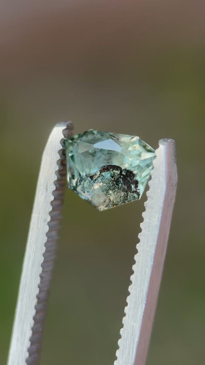1.69CT Sapphire: Icy Green Blue Grey Parti Custom Shield Cut