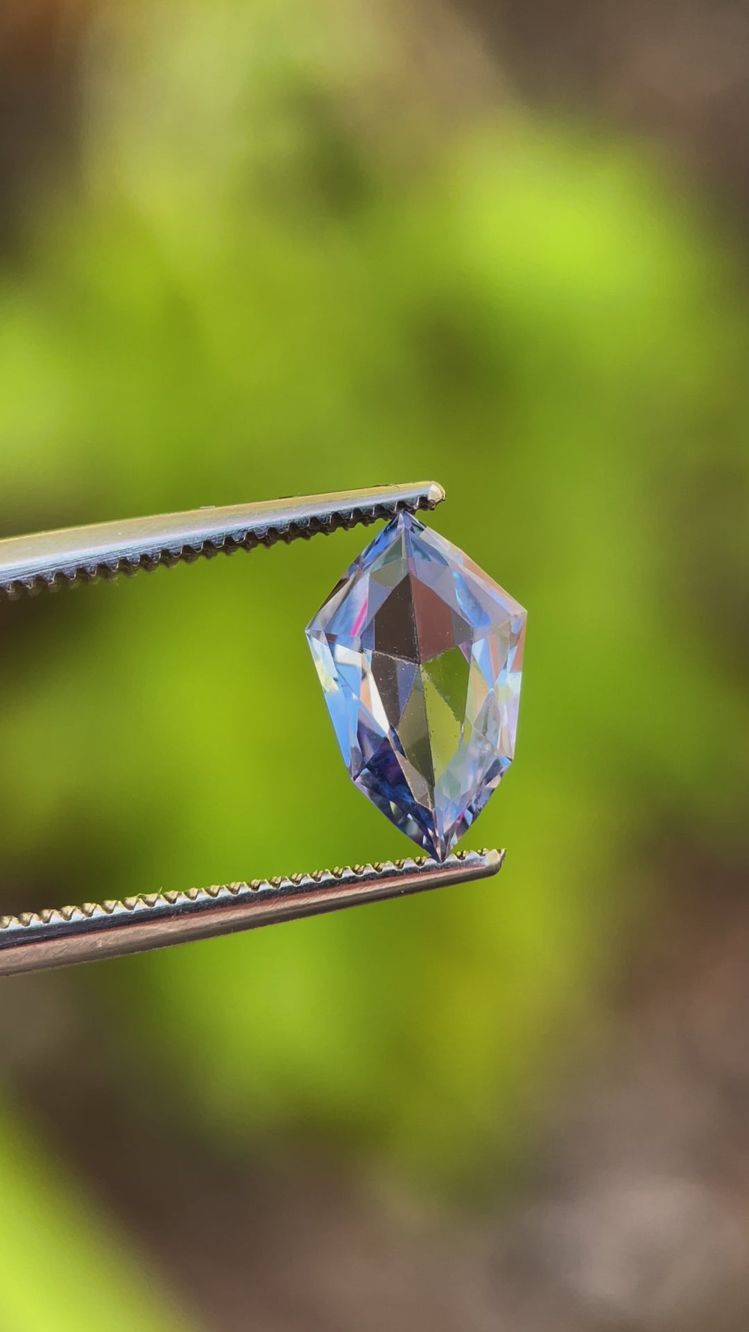 Close-up video of Custom Mix Shield Cut Sapphire, Light Ceylon Denim Blue, 1.66 Carats, 11.12 x 6.95 x 3.20 mm, Sourced from Sri Lanka, No Heat Treatment, $1328.00 Price
