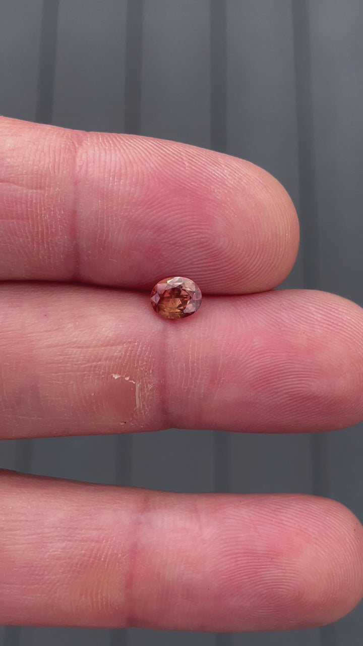 A video of a brown-orange sapphire being turned to display its oval modified brilliant cut. The gemstone reflects light beautifully, accentuating its deep orange and brown hues.