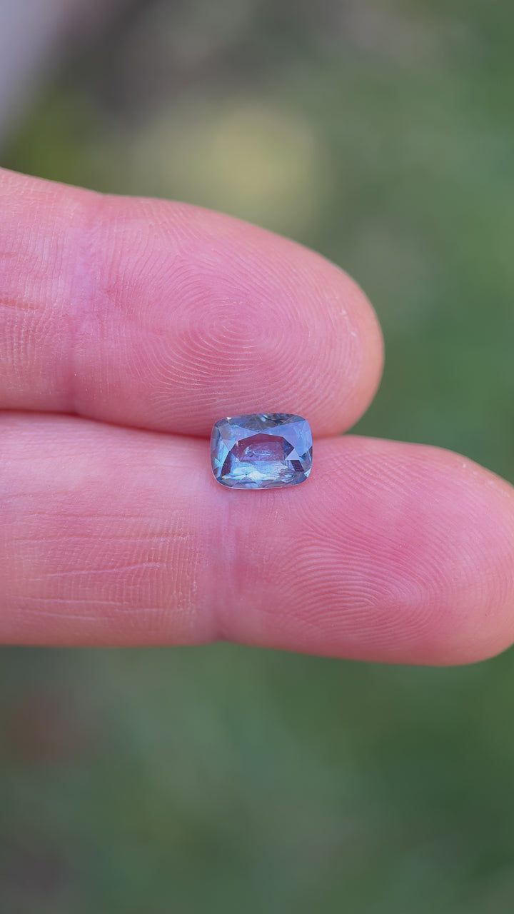 Macro video showing luster and depth of 1.33ct Ceylon sapphire in mixed cushion cut, untreated and ethically sourced