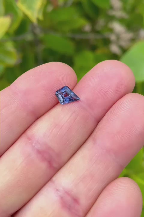 Detailed video examination of a teal, purple, and blue parti sapphire, focusing on its custom step cut kite portrait and the natural play of light over its facets.