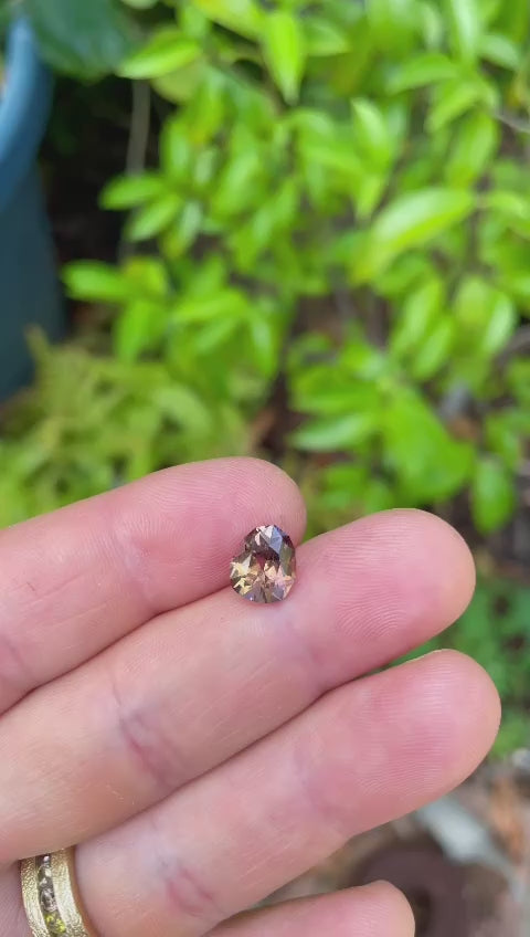 Interactive video presentation of a 2.43 carat brown and champagne Tanzanite, focusing on its geometric pear shape and pristine condition. Originating from Merelani Hills, Tanzania, this video demonstrates the gemstone's captivating beauty and the richness of its colors.