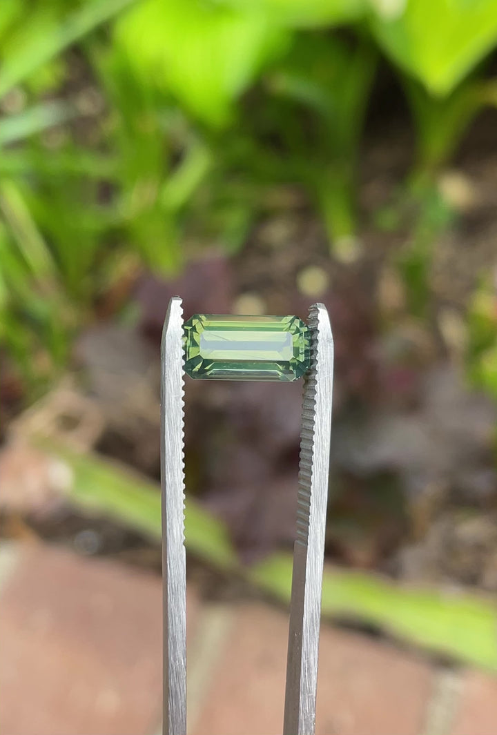 Rotating video of a 3.36-carat opalescent olive green sapphire from Gombe, Nigeria, showing its brilliance and elongated emerald cut.
