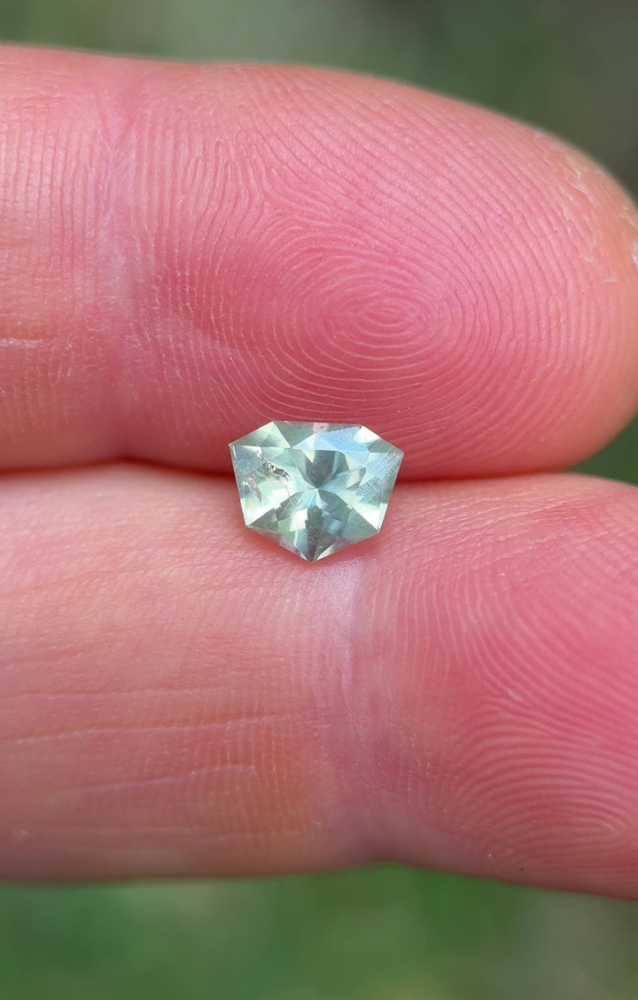 Macro motion video of a natural shield-cut sapphire from Malawi, illuminated in daylight to reveal its untreated clarity and parti-coloration, filmed against a blurred green landscape.